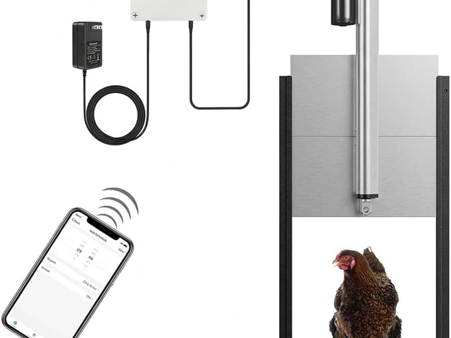 JVR WiFi automatic chicken coop door kit with metal sliding door, actuator, control box, remotes and smart app