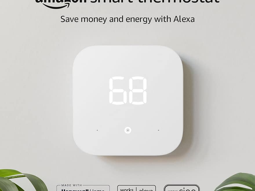 Amazon Smart Thermostat Works With Alexa and Ring box showing white rounded thermostat with 68 display