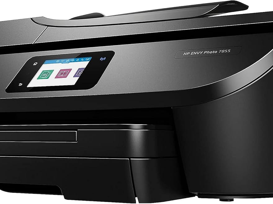HP Envy Photo 7855 all-in-one photo printer in glossy black finish with touchscreen control panel and paper tray
