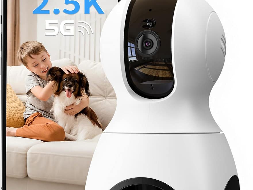 VIMTAG 2.5K pan tilt wired indoor camera in white and black finish beside phone app view with child and dog