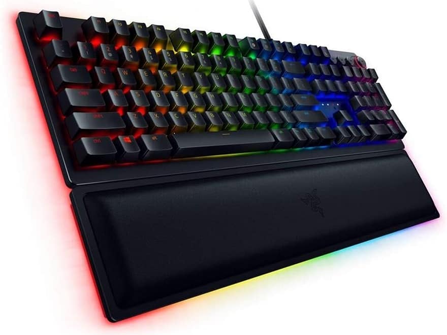 Razer BlackWidow Elite mechanical gaming keyboard with black finish, RGB backlit keys, wrist rest, and angled view
