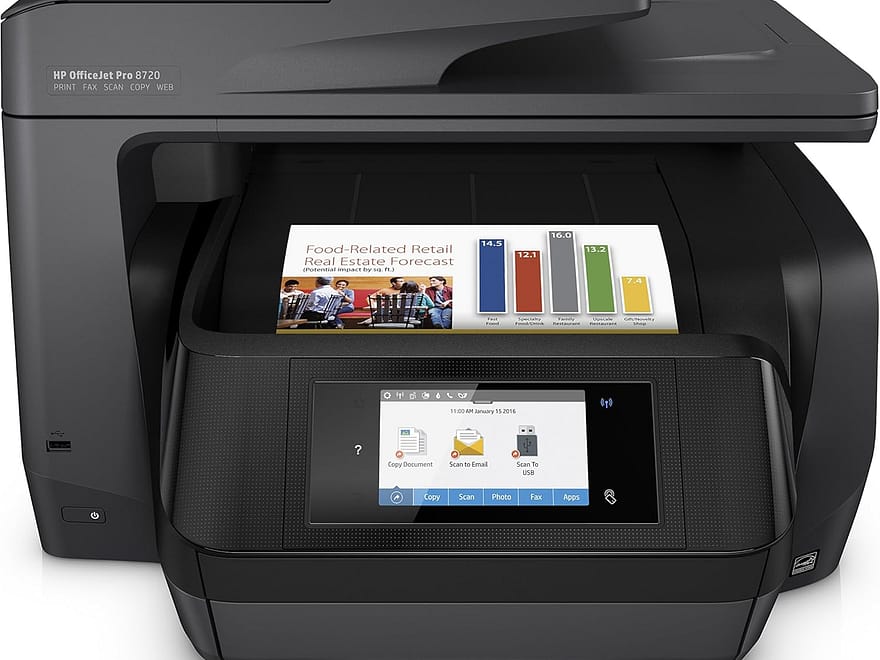 HP OfficeJet Pro 8720 all-in-one wireless printer in black with touchscreen control panel and printed color page