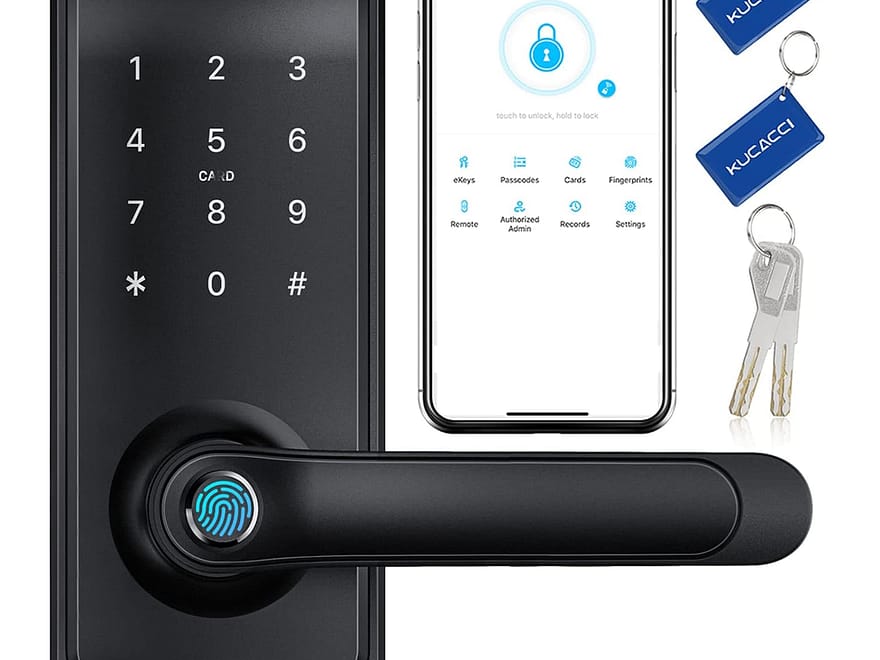 KUCACCI Fingerprint Keypad Smart Door Lock with black handle, touchscreen keypad, app display, key fobs, and keys