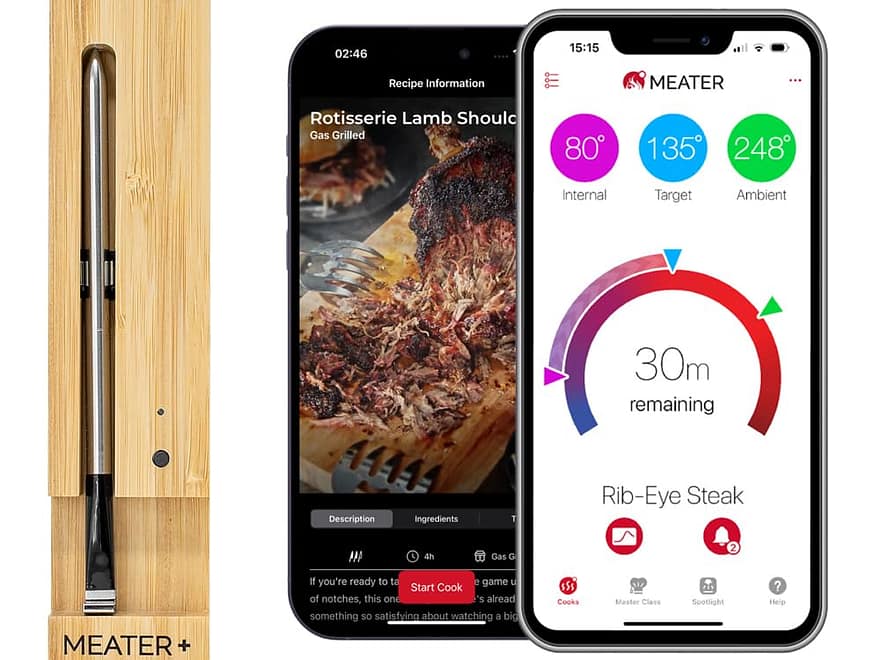 MEATER Plus Smart Bluetooth wireless meat thermometer in bamboo charging block with app screens on smartphones
