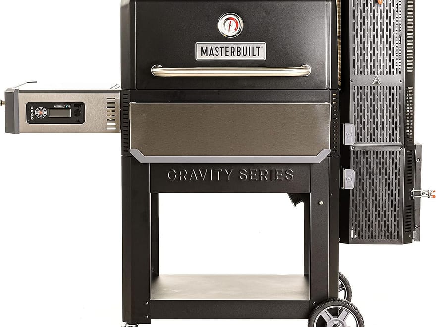 Masterbuilt Gravity Series 1050 Smoker Grill in black finish with thermometer, digital controller, side hopper, and wheels