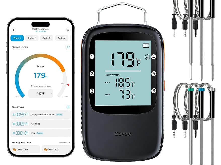 Govee Wireless Bluetooth Meat Thermometer with black display unit, app screen, and six stainless steel probes