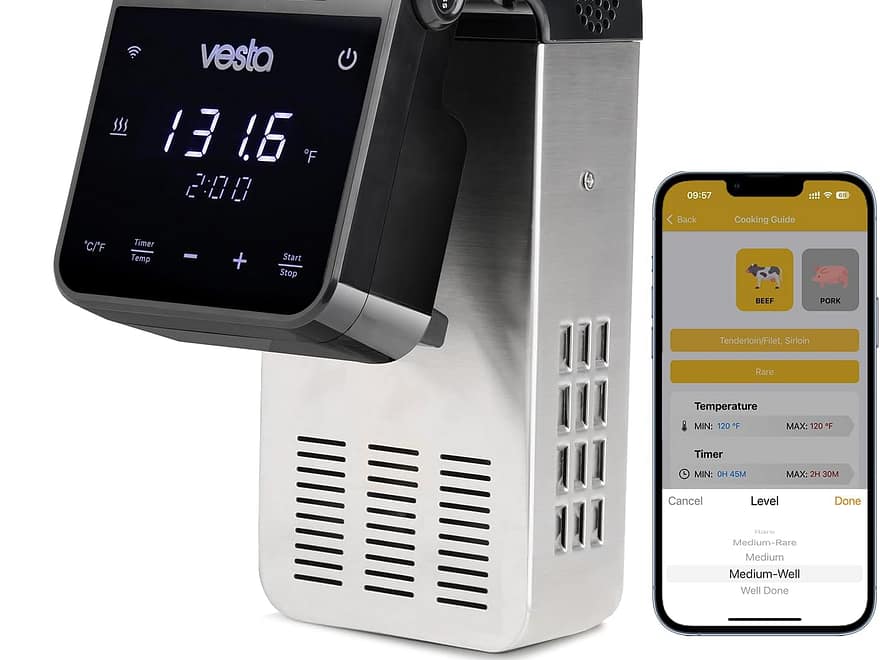 Vesta Precision 30L WiFi Sous Vide Cooker with stainless steel body, black digital display, and mobile cooking guide