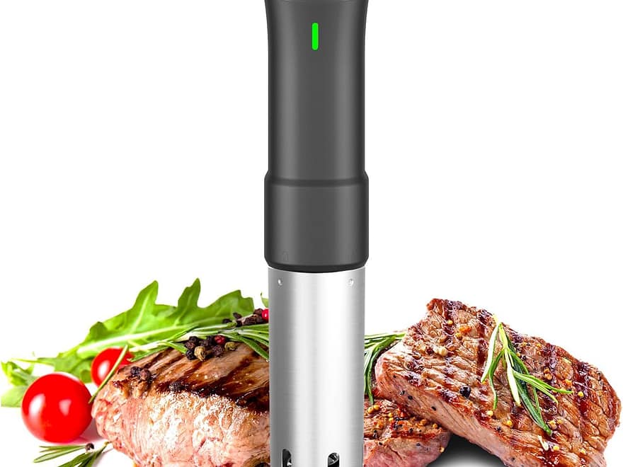 INKBIRD ISV200W 2.4G WiFi sous vide cooker with black handle, digital display, stainless steel lower body, and steak