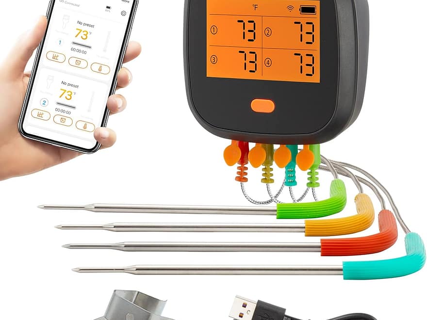 INKBIRD WiFi Meat Thermometer for Grilling with black display unit, four metal probes, app screen, clip, and USB cable