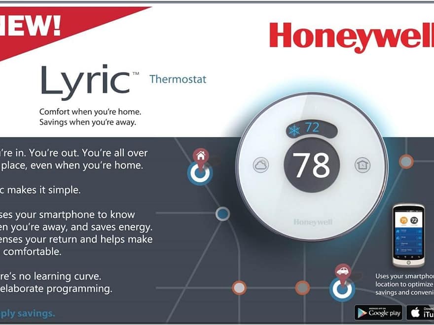 Honeywell TH8732WF5018 Lyric WiFi thermostat, round white smart thermostat with app control shown on retail packaging