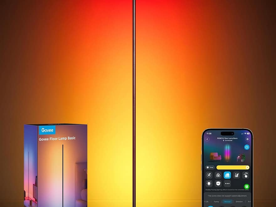 Govee RGBIC Floor Lamp Basic LED corner lamp with slim black pole, round base, color wall lighting, box, and app control
