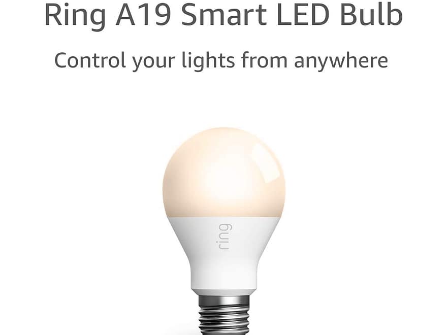 Ring A19 Smart LED Bulb with white body, frosted round bulb, screw base, and “Control your lights from anywhere” text