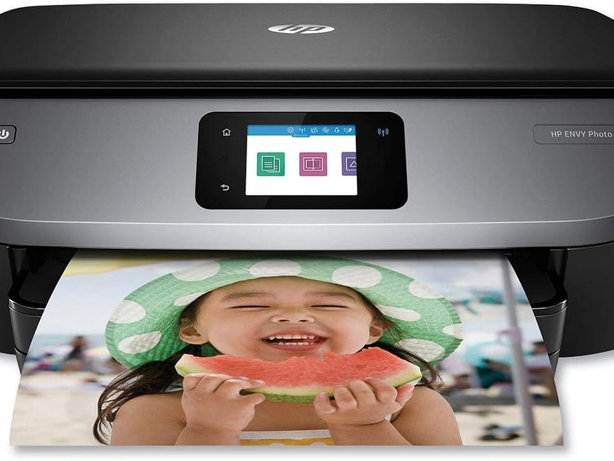 HP Envy Photo 7155 All-in-One Photo Printer, black compact printer with touchscreen printing a color photo
