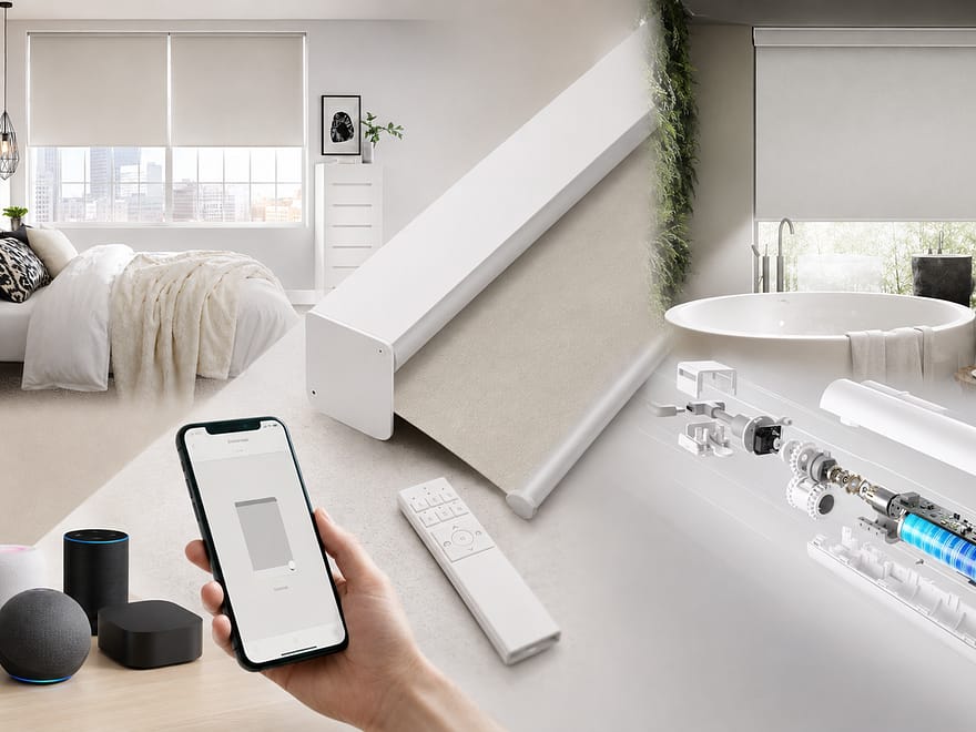 Motorized smart window blinds and shades in a modern quiet home