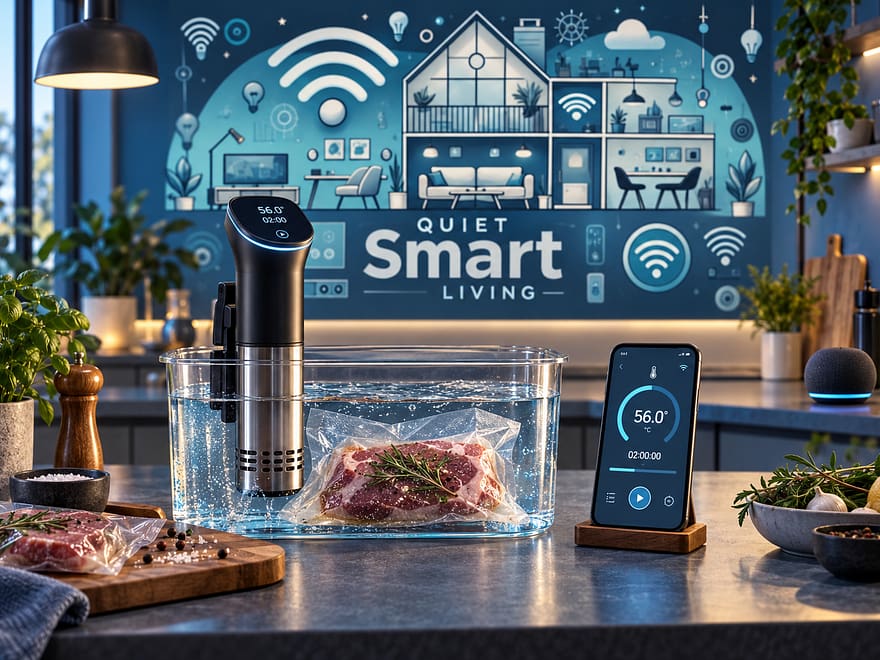 Connected sous vide machine with smartphone app control in a Quiet Smart Living kitchen