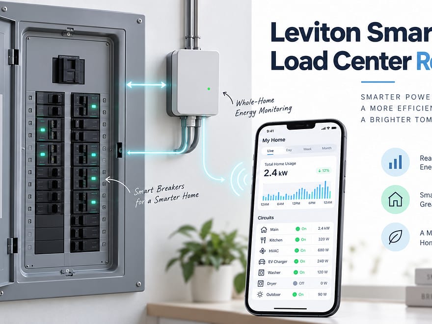 Leviton Smart Load Center review illustration showing the electrical panel, energy monitor, smart breakers, and app control